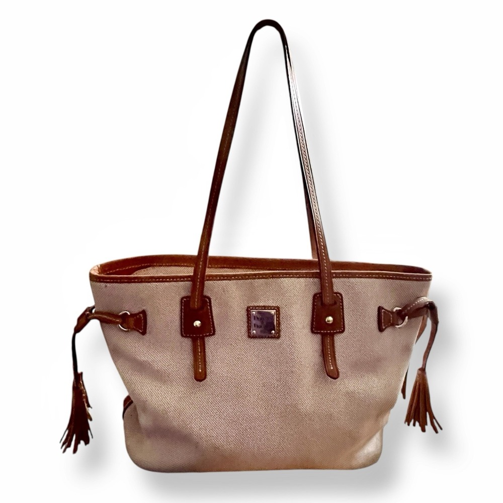 Dooney & Bourke Linen Davis Beige Canvas Brown Leather Shoulder Bag Tassel